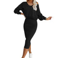 Women's Two Piece Dress Suit Fashion Long-sleeved  V-neck Pullover Sweatshirt And Sleeveless Dresses Set