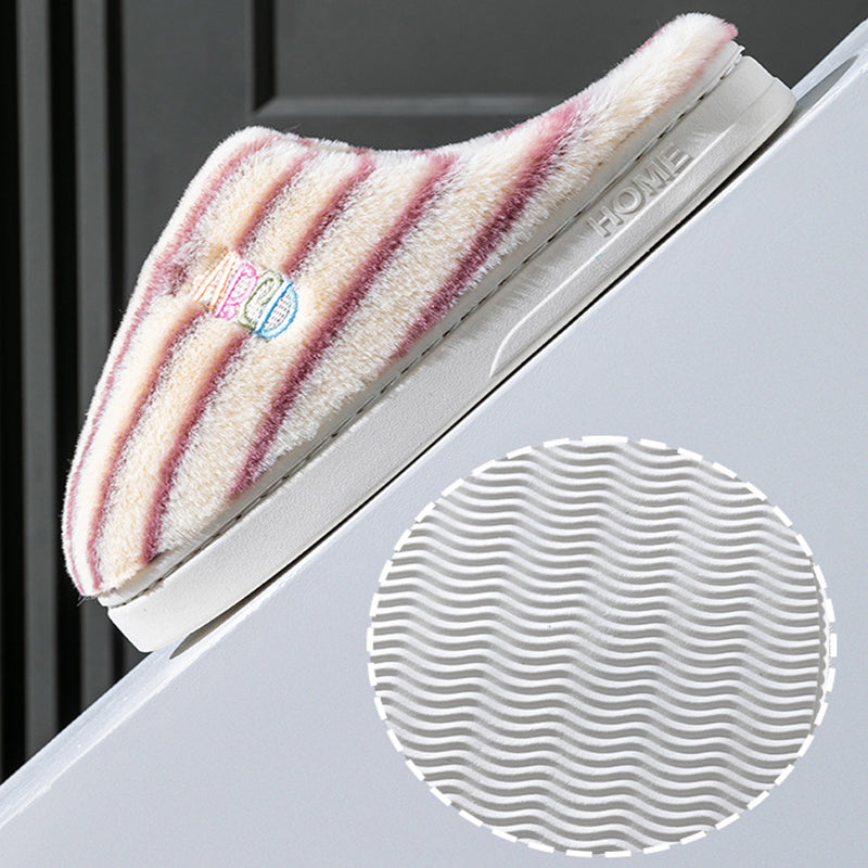 Ins Plush Striped Slippers Winter Warm Letter Embroidered Shoes Fashion Floor Bedroom Home Slipper For Women Men Couples