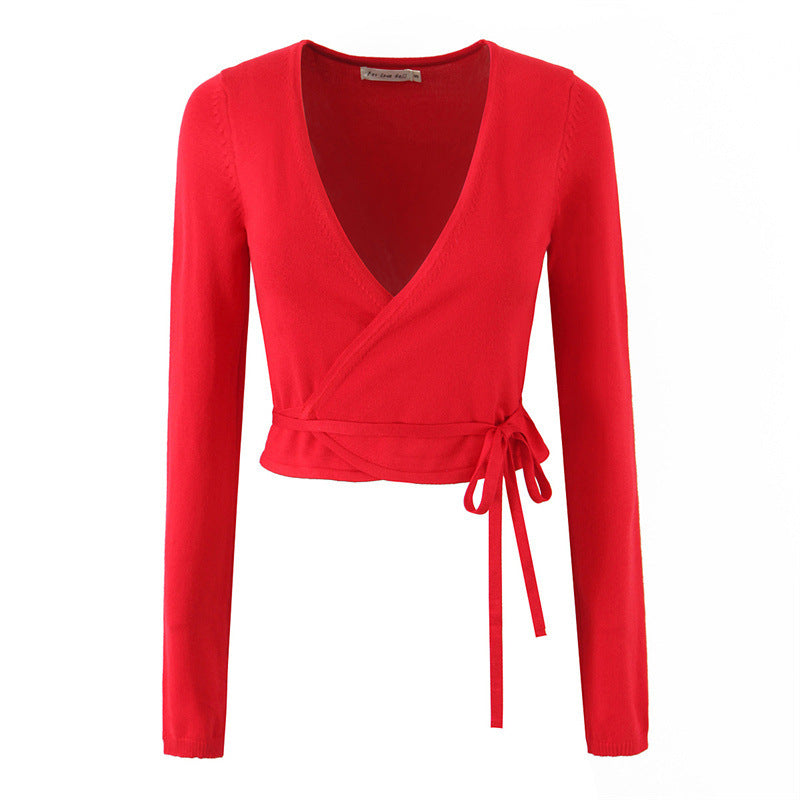 Women's Multi-color Slim-fit Lace Up Knitted Cardigan