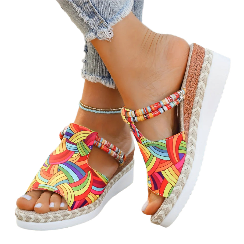Women's Summer Colorful Graffiti Wedge Sandals, Slip-On Espadrille High Heel Platform Slides With Braided Details For Beach Outing