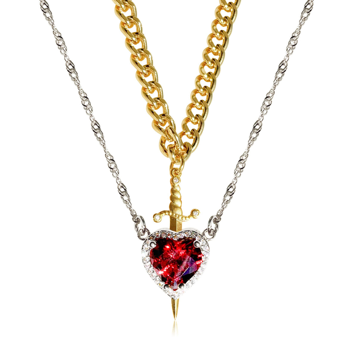 Heart and Sword Necklace Set, Red Heart Crystal