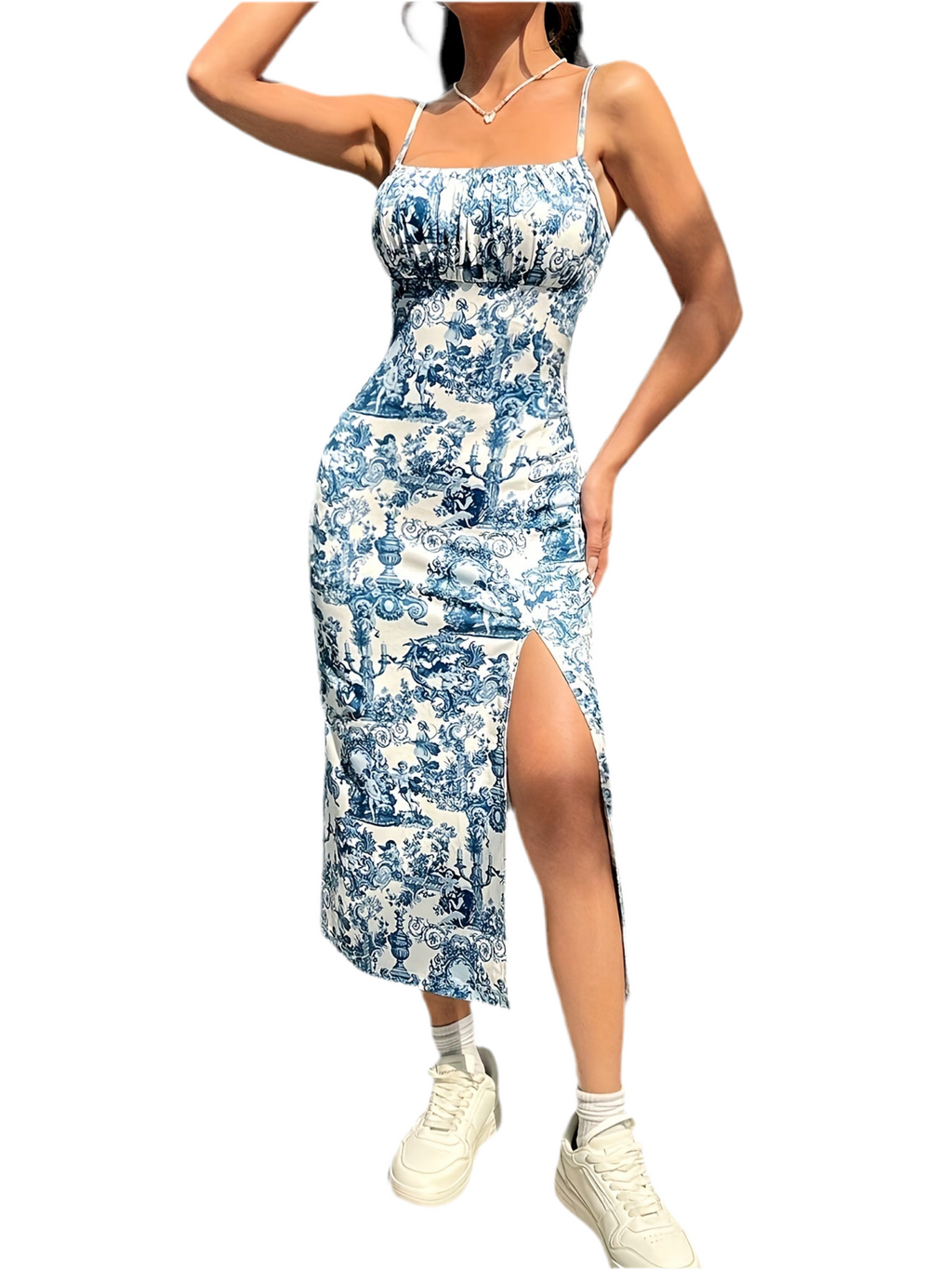 Elegant Floral Print Strap Back Split Dress | Lightweight Polyester & Knit Fabric | 200g/m² | Adult Summer Dress