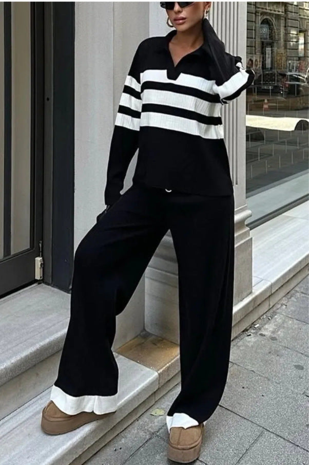 Fashion Women's Casual Polo Collar Striped Knitted Contrast Color Two-piece Set
