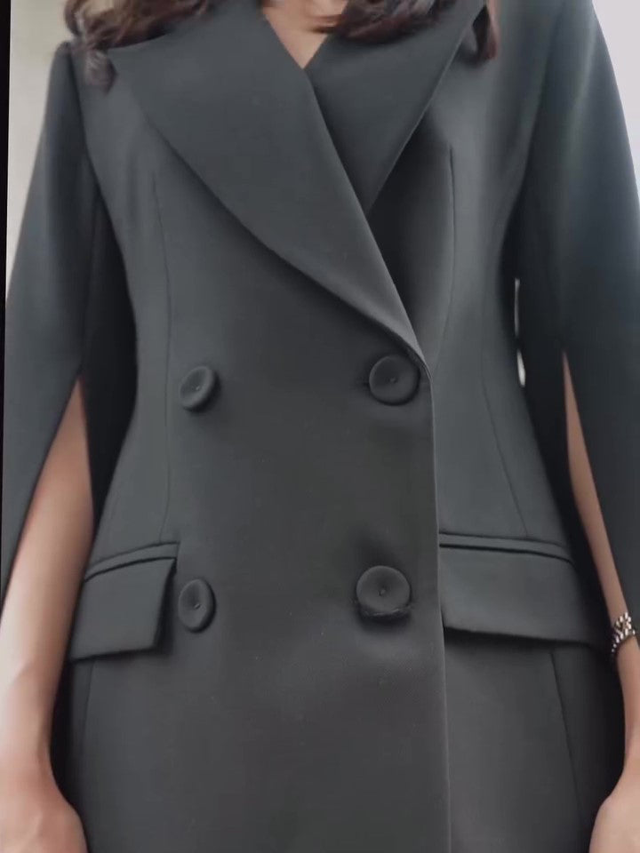 Black Cape Blazer Suit With Cropped Pants Set