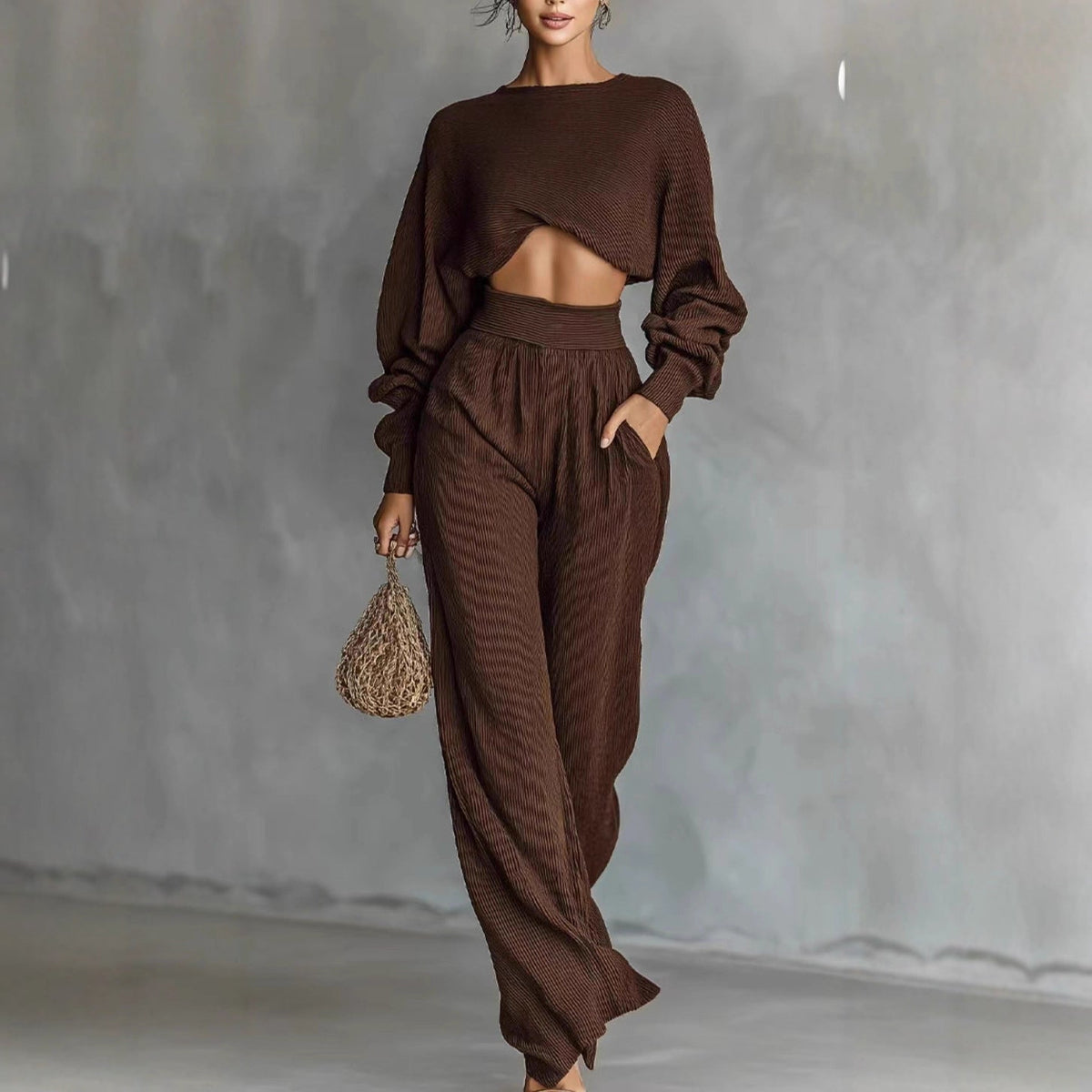 Fashionable Women's Knit Long-sleeve Top And Pants Two-piece Set