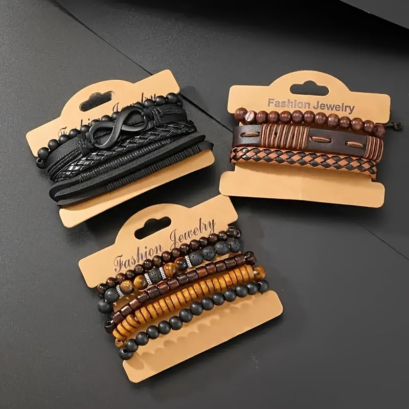 12pcs Vintage Braided Faux Leather Bracelet Set with Tiger Eye & Moonstone Beads
