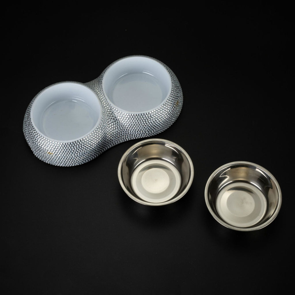 Diamond-studded Stainless Steel Double Dog Bowl