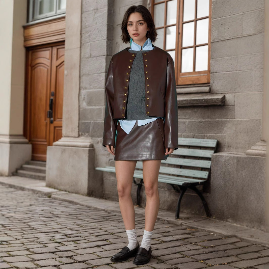 Gold Button Fashion Short Leather Coat