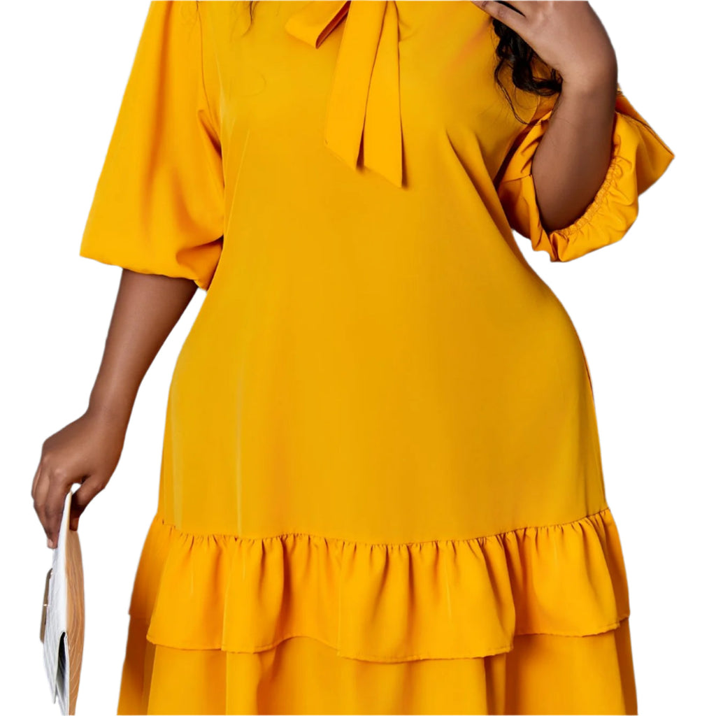 Elegant Solid Color Dress with Tie-Neck and Lantern Sleeves Dress