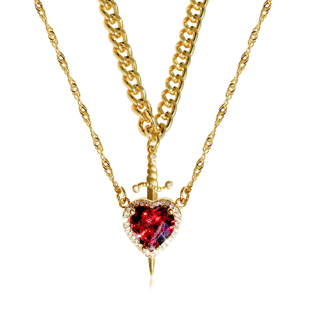 Heart and Sword Necklace Set, Red Heart Crystal