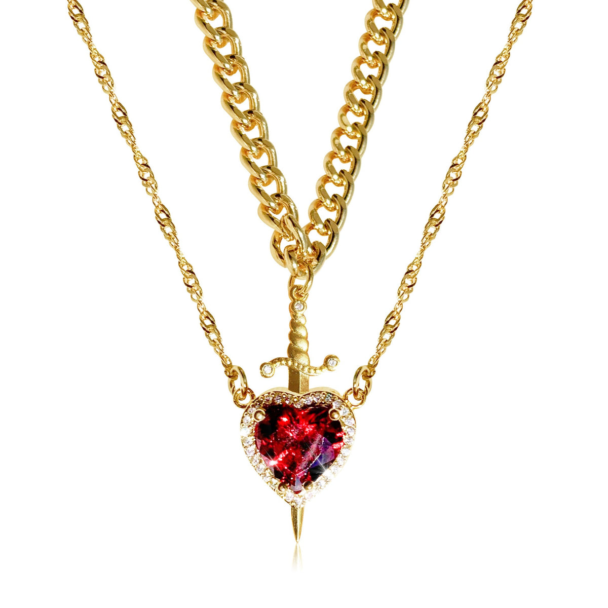 Heart and Sword Necklace Set, Red Heart Crystal