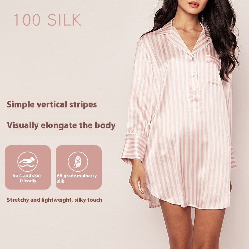19 M Silk Shirt Dress Classic Long Sleeve Striped Spring And Summer Home Wear