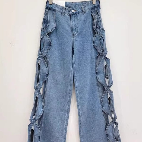 SpringSummer Side-Stranded Braid Ripped Casual Straight-Leg Wide-Leg Denim Jeans