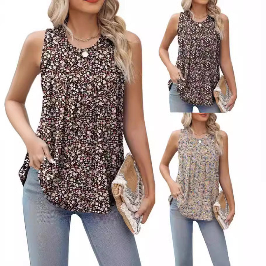 Summer Plus Size Printed Round Neck Sleeveless Vest
