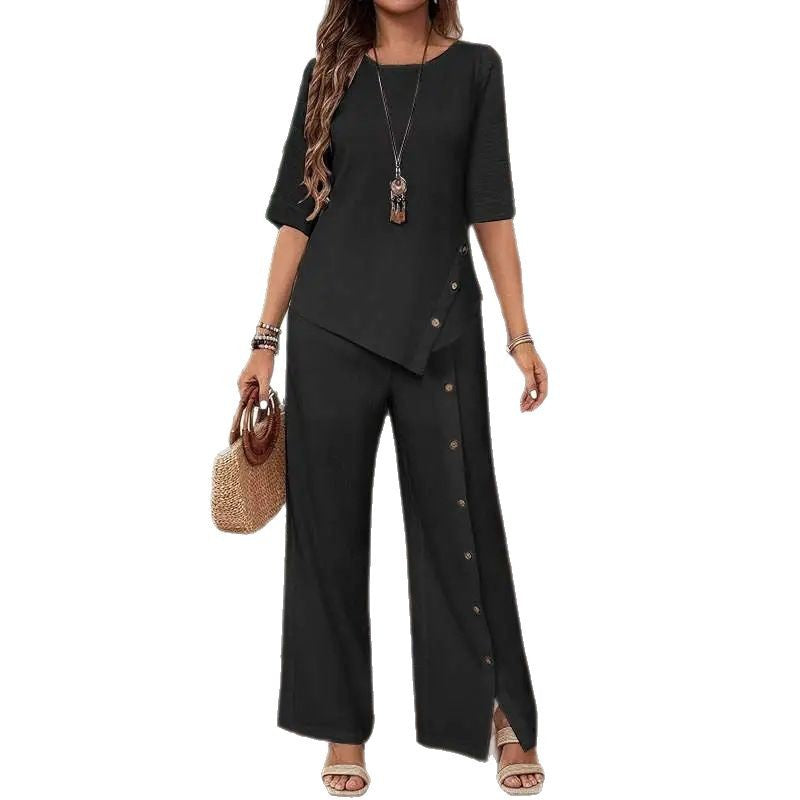 Elegant And Fashionable Casual Button Half-sleeve Shirt Loose Two-piece Set