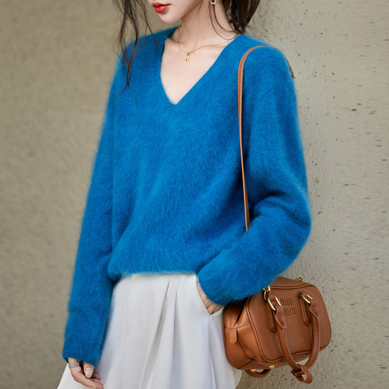 V-neck Cashmere Knit Women's Loose-fit Sweater