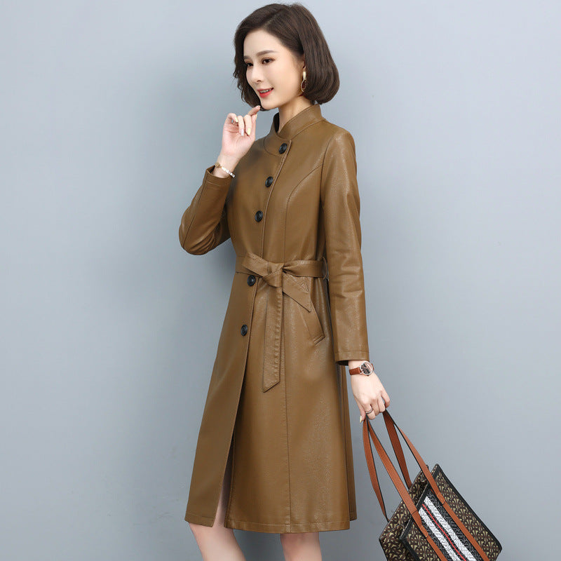 New Women Leather Trench Spring Turn-down Collar Solid Color Drawstring Loose Long Sheepskin Coat