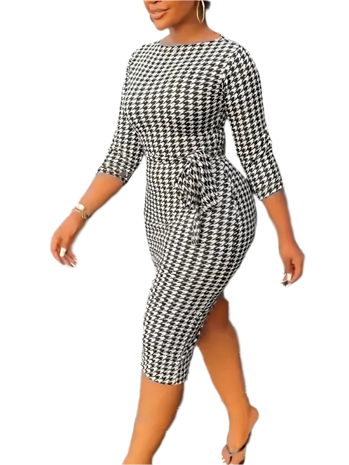 Chic Vintage Houndstooth Bodycon 3/4 Sleeve Dress