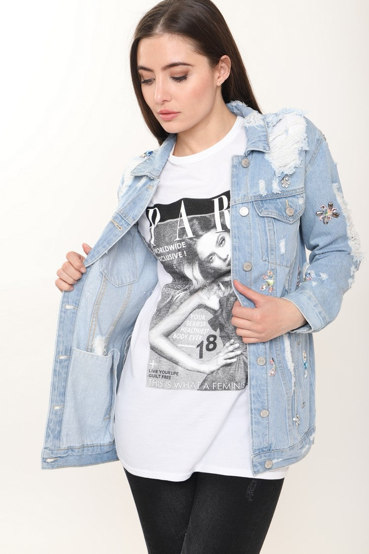 Embellished Distressed Denim Jacket