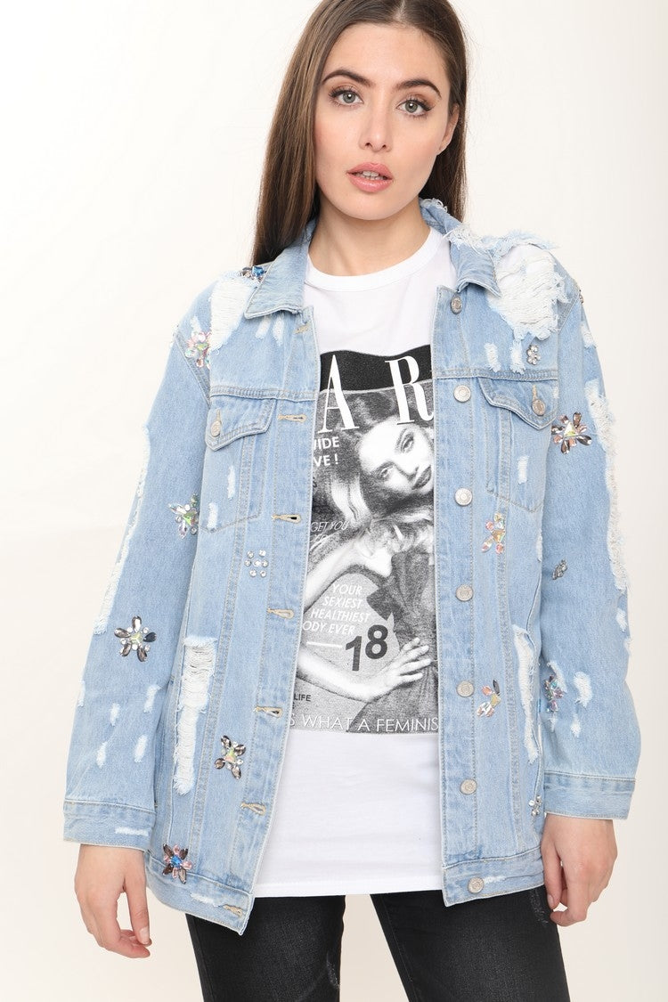 Embellished Distressed Denim Jacket