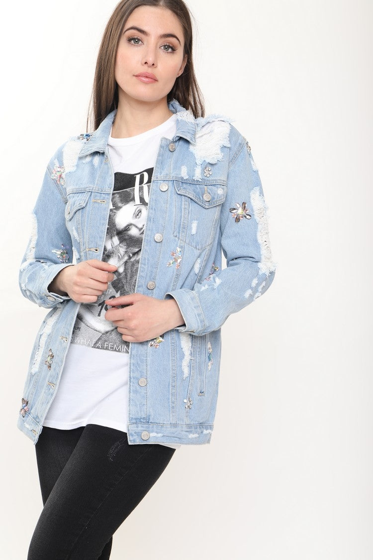 Embellished Distressed Denim Jacket