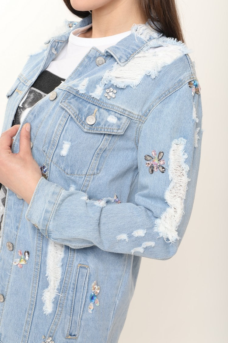 Embellished Distressed Denim Jacket