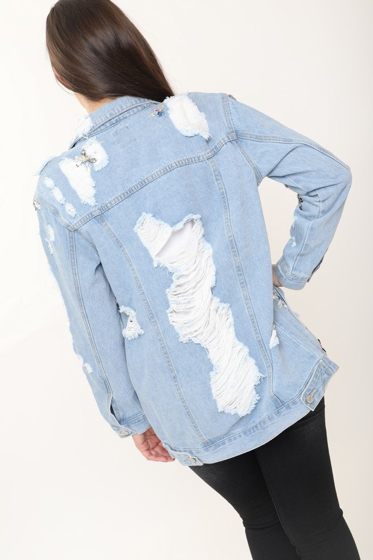 Embellished Distressed Denim Jacket