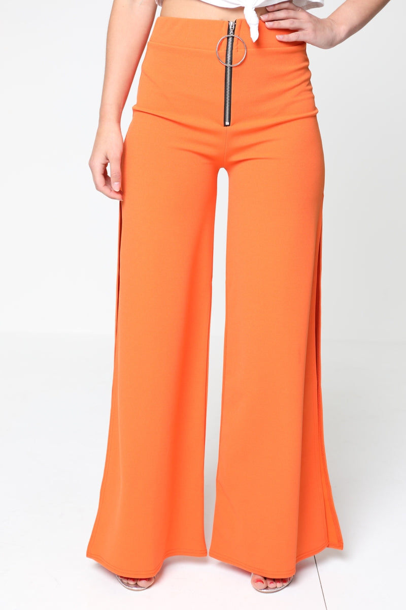 Side Split Zip Front Wide Leg Trousers
