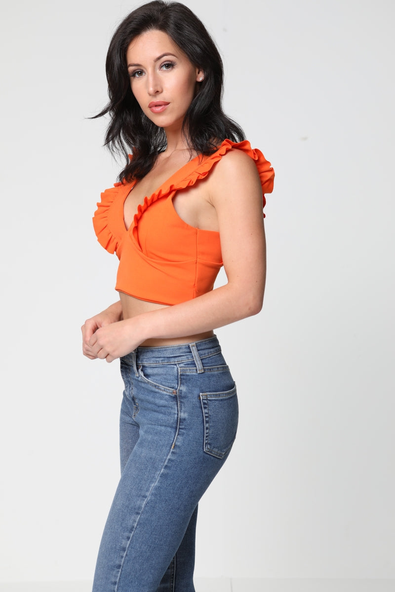 Ruched Frill Strap Plunge Crop Top