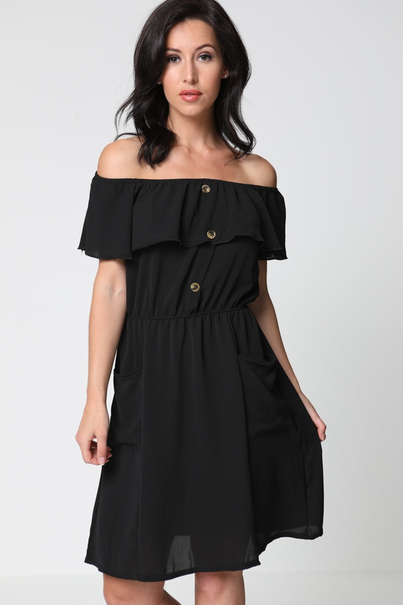 Mock Button Frill Bardot Dress