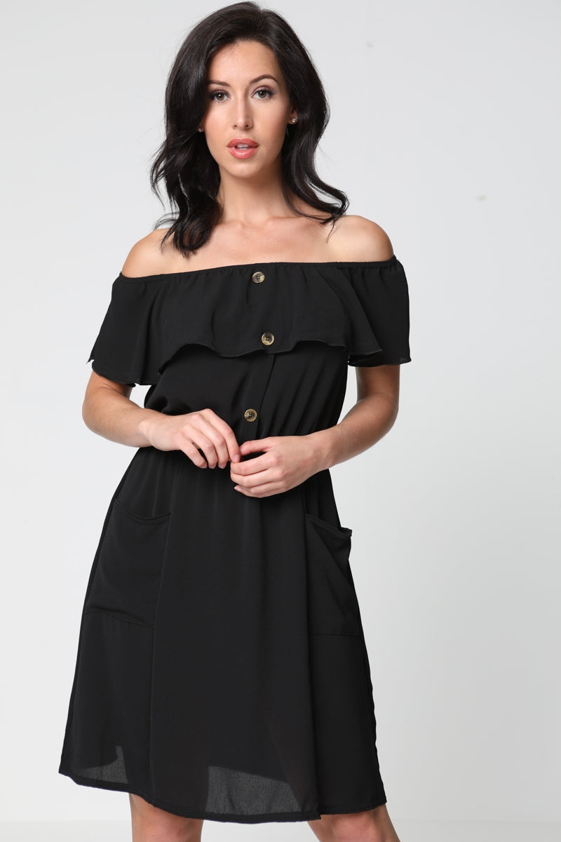 Mock Button Frill Bardot Dress