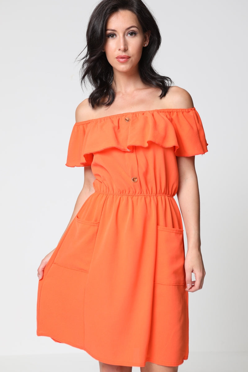 Mock Button Frill Bardot Dress