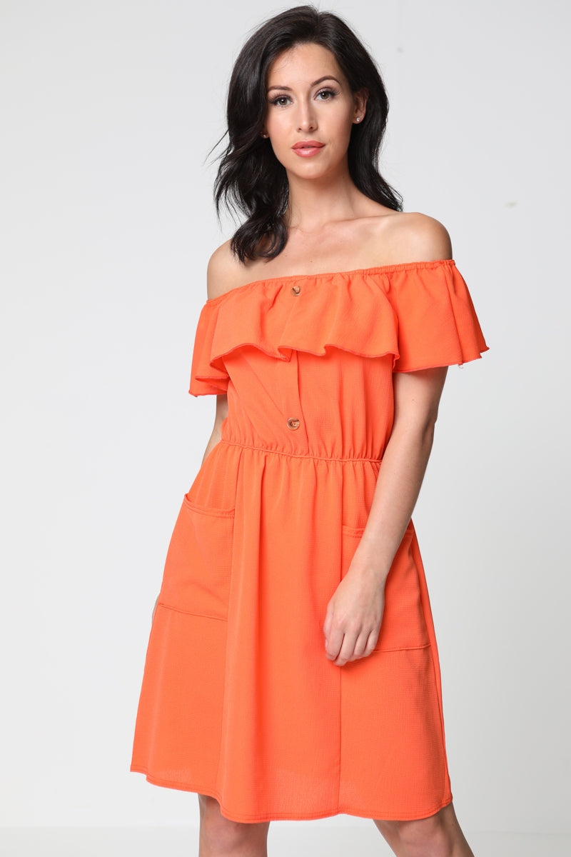 Mock Button Frill Bardot Dress