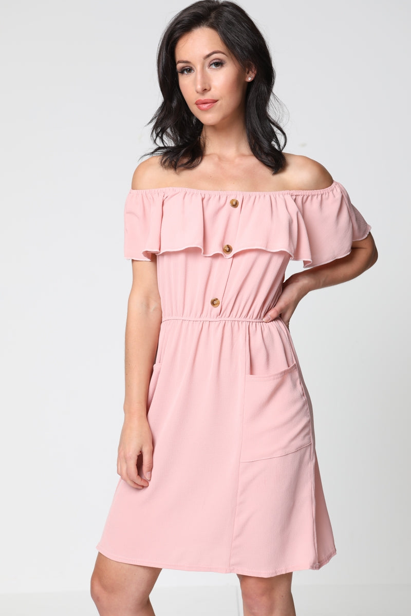 Mock Button Frill Bardot Dress