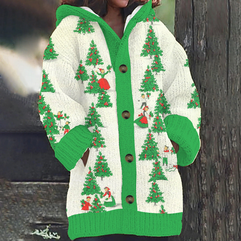Women's Faux Wool Sweater Loosefit Jacquard Hooded Jacket