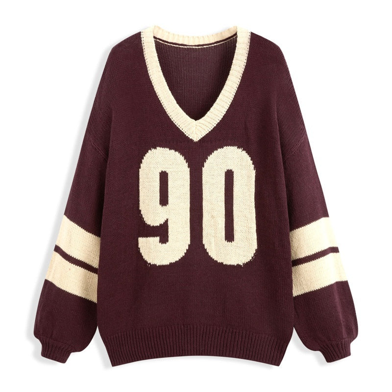 Loose Letter Sweater Top V-neck Sports Style