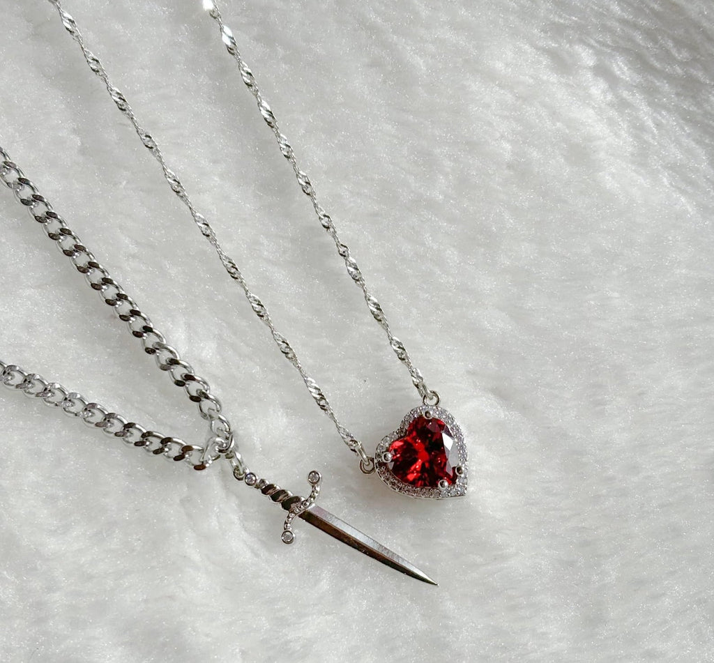 Heart and Sword Necklace Set, Red Heart Crystal