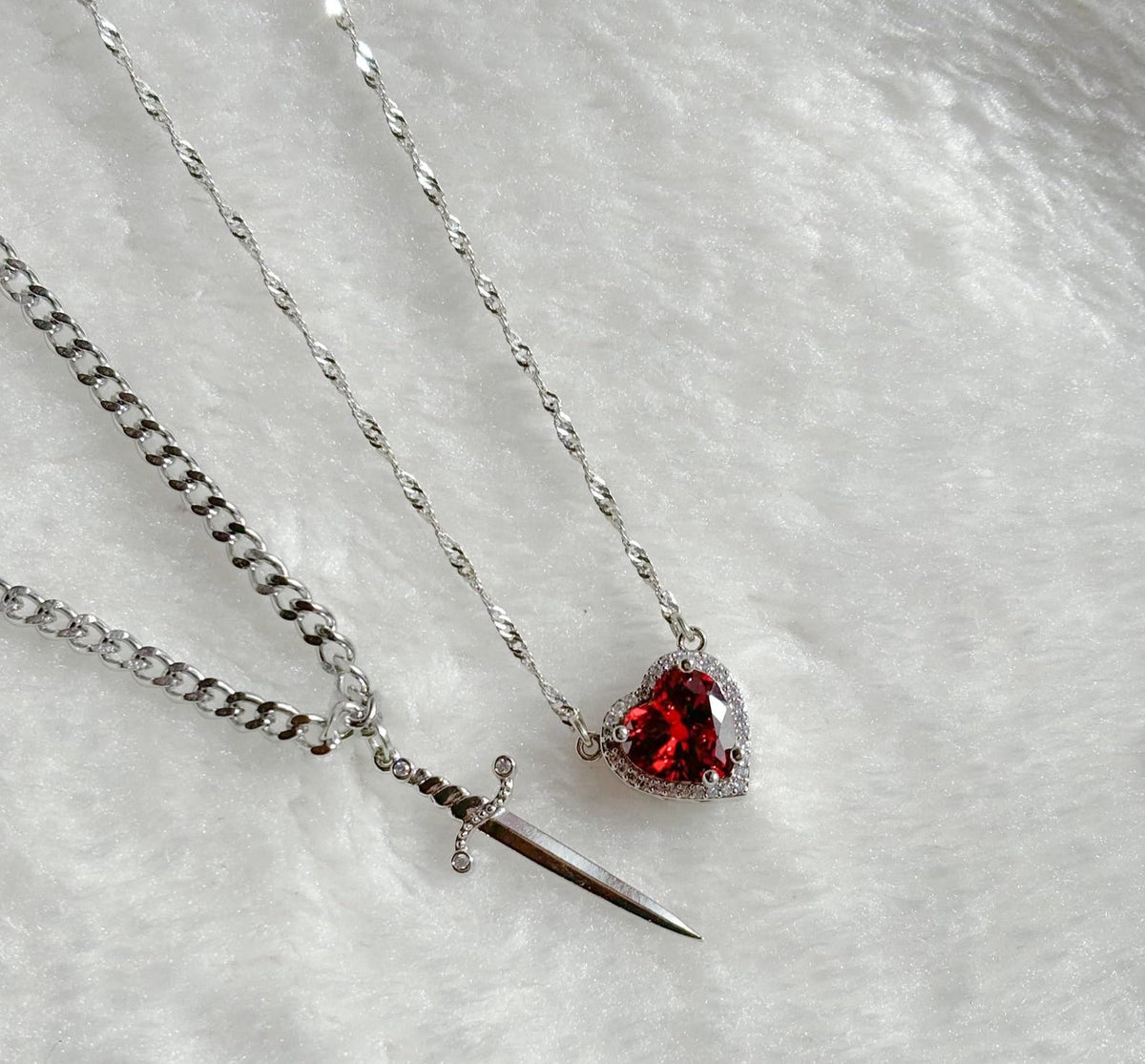 Heart and Sword Necklace Set, Red Heart Crystal
