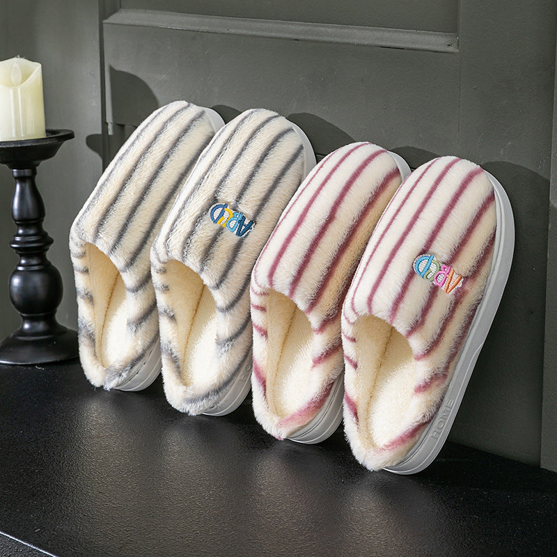 Ins Plush Striped Slippers Winter Warm Letter Embroidered Shoes Fashion Floor Bedroom Home Slipper For Women Men Couples