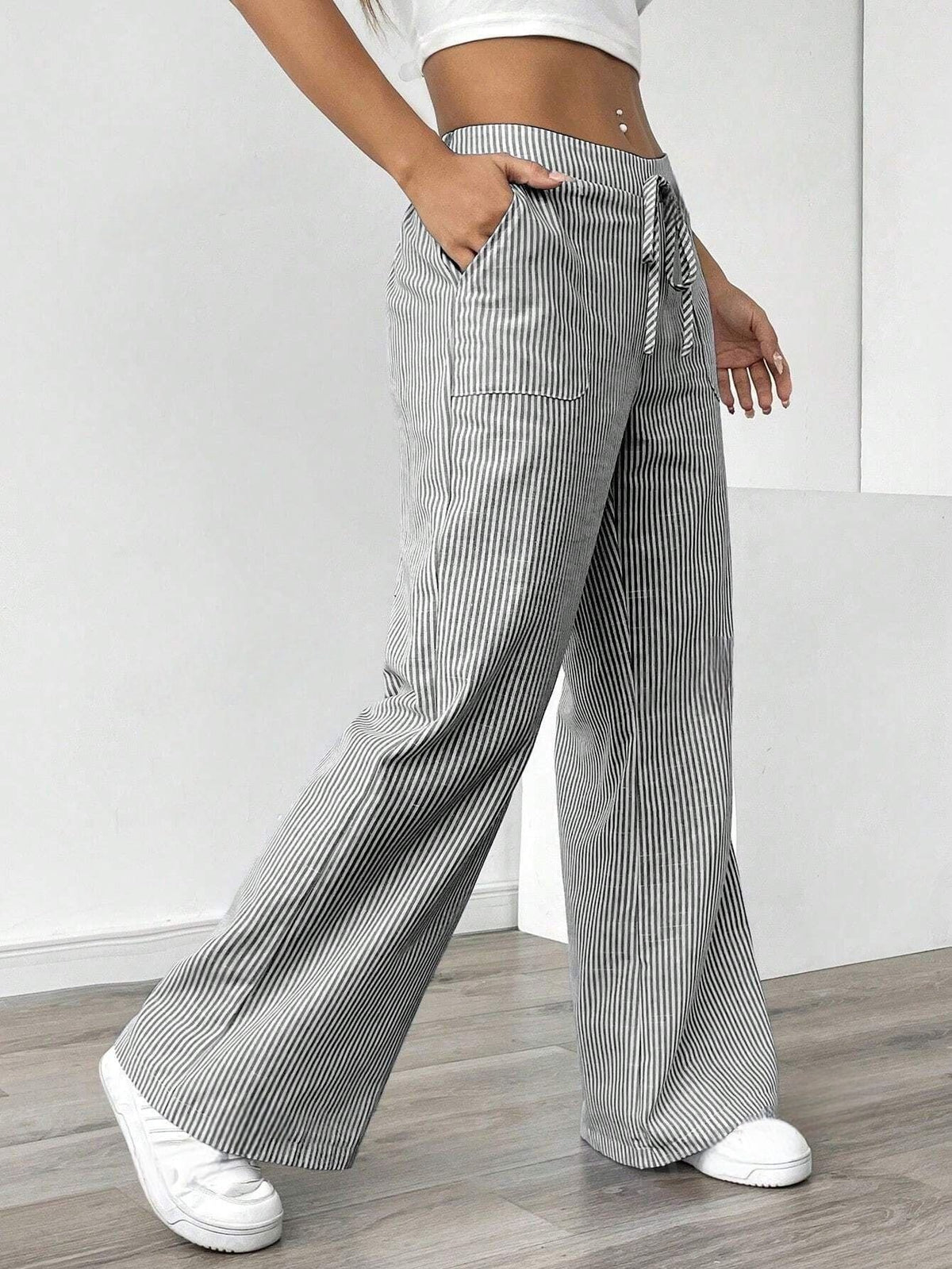 New Striped Trousers With Pockets Casual Versatile Loose Wide Leg Pants Women's Clothing
