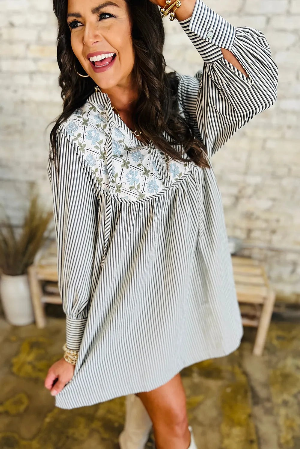 Black Stripe Floral Patchwork Tied V Neck Long Sleeve Mini Dress