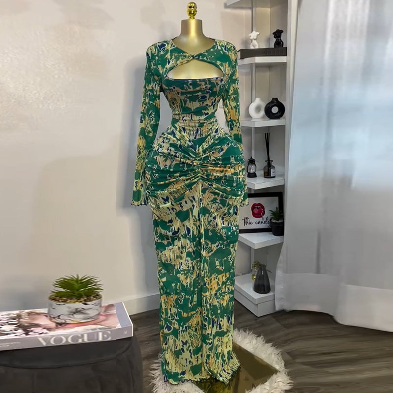 Printed Long Sleeve Hollow-out Pleated High Waist Sexy Vacation Dress Long Dress