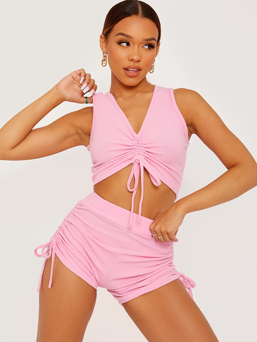 Sleeveless Ruched Crop Top & Shorts Ribbed Co-ord