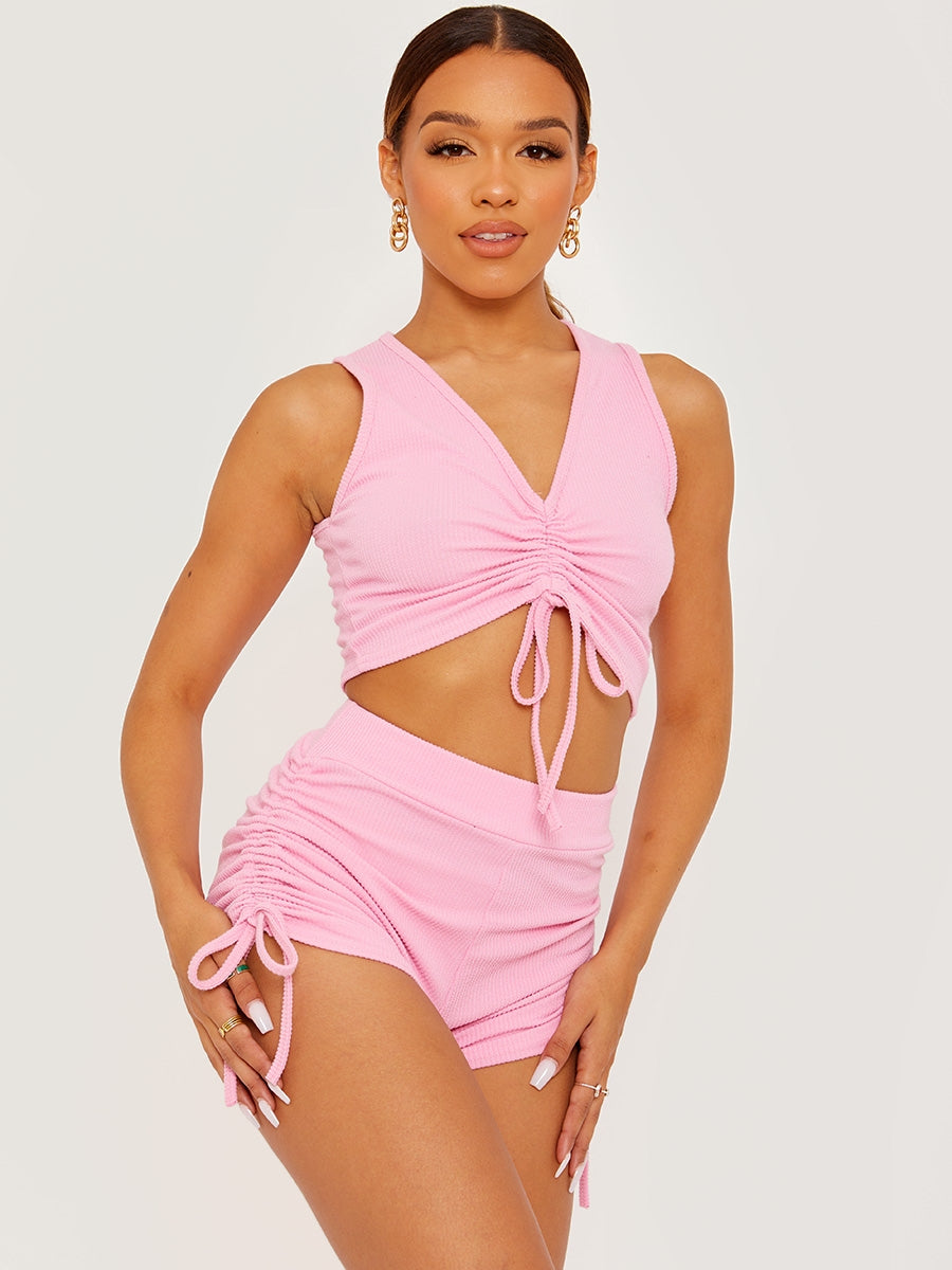 Sleeveless Ruched Crop Top & Shorts Ribbed Co-ord