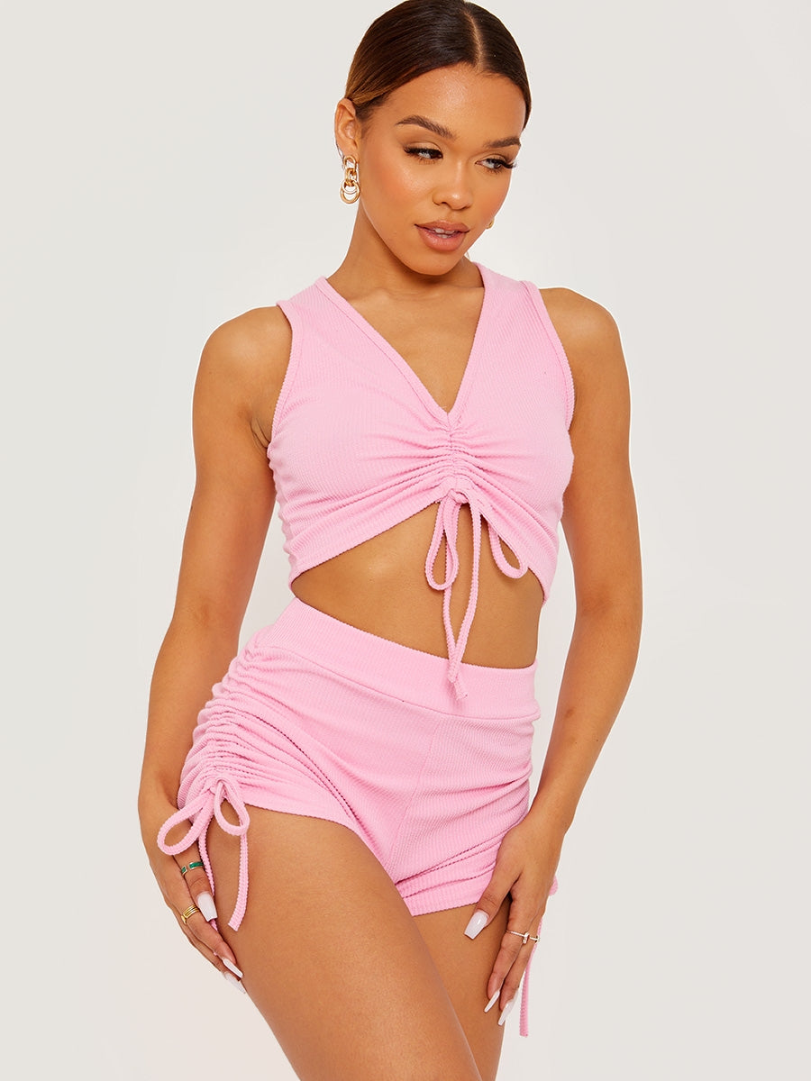 Sleeveless Ruched Crop Top & Shorts Ribbed Co-ord