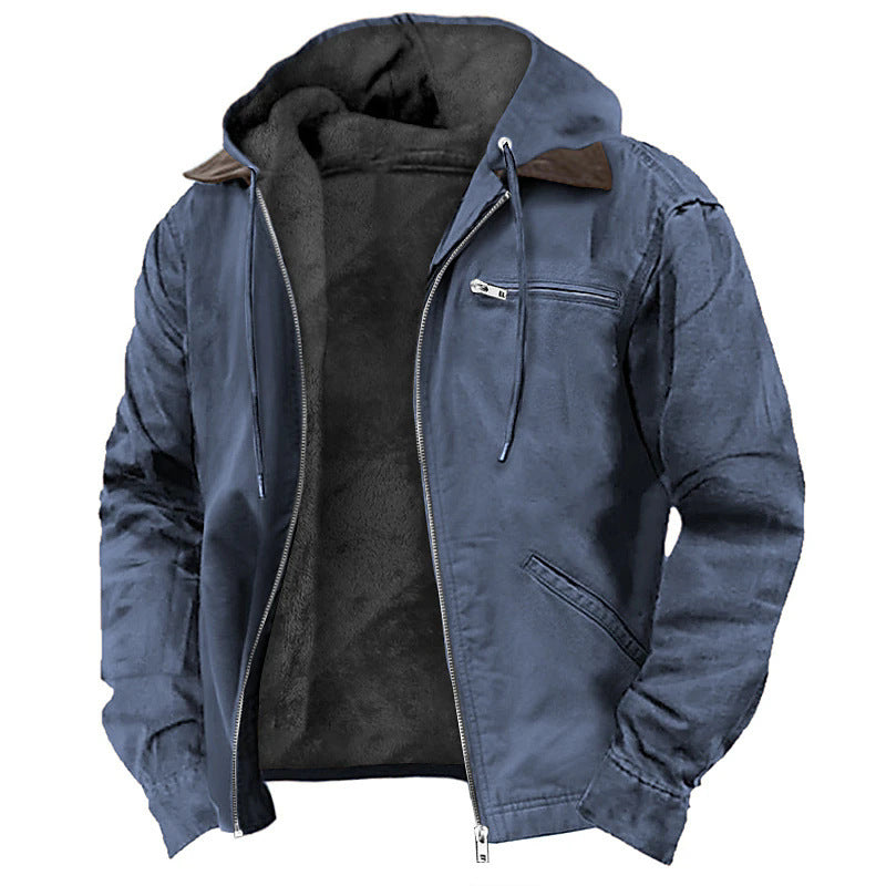 Winter Hooded Coat With Pockets Fashion Warm Fleece Zip-up Jacket Casual Outwear Men's Clothing