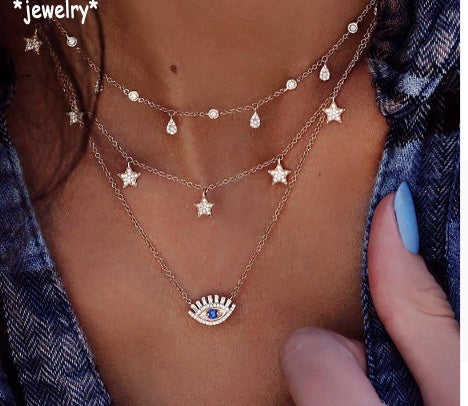 Eye Pendant, Crystal Star, Multi Layer Necklaces