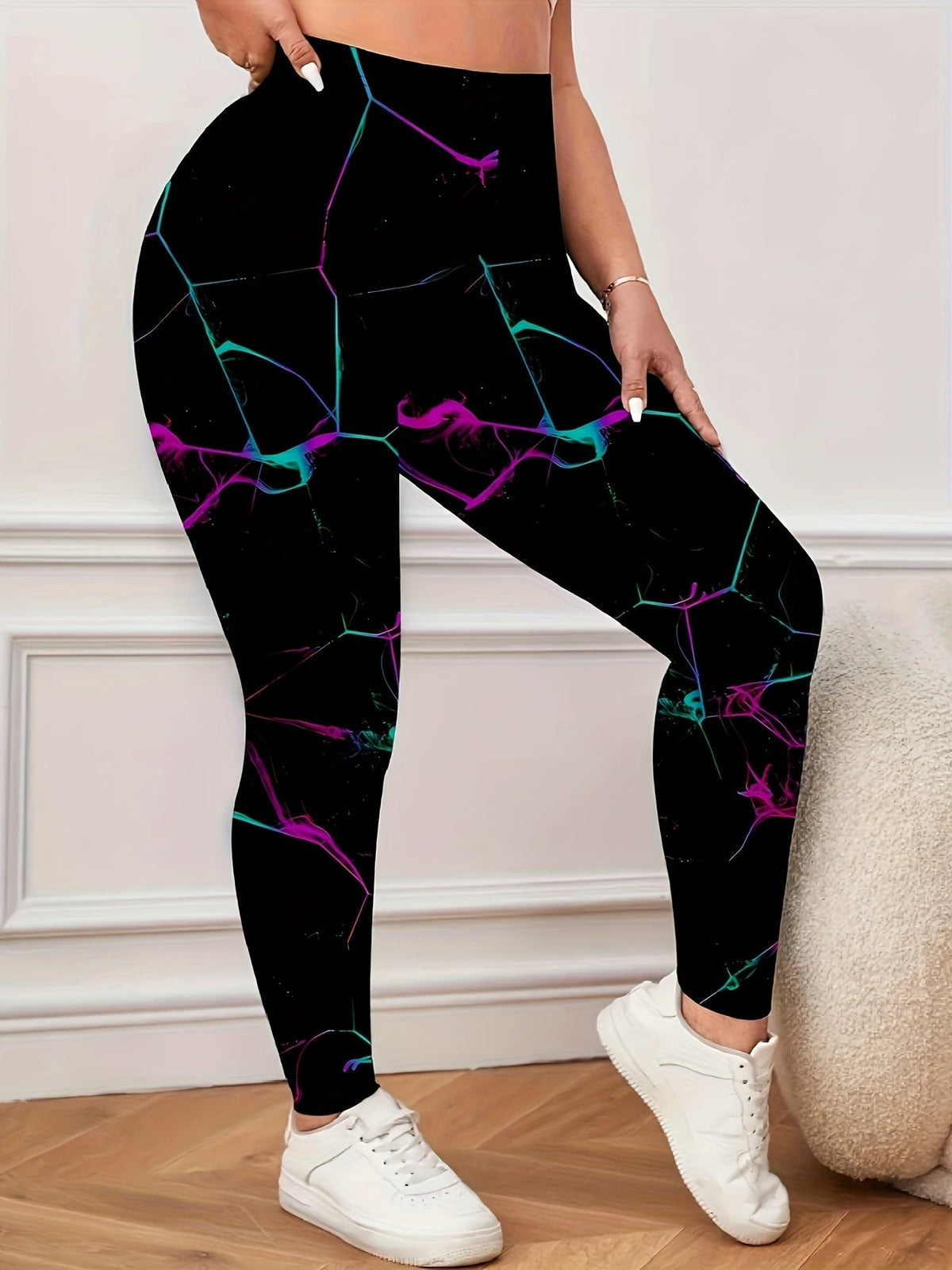 Women's Plus Size High-Waisted Floral Print Leggings - Stretchy, Casual, Machine Washable, Black with Vibrant Purple & Teal Accents, All-Season Comfort Fit, High Waisted Leggings