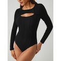Sunken Stripe Hollow-out Slim-fit One-piece T-shirt Round Neck Long Sleeve Top