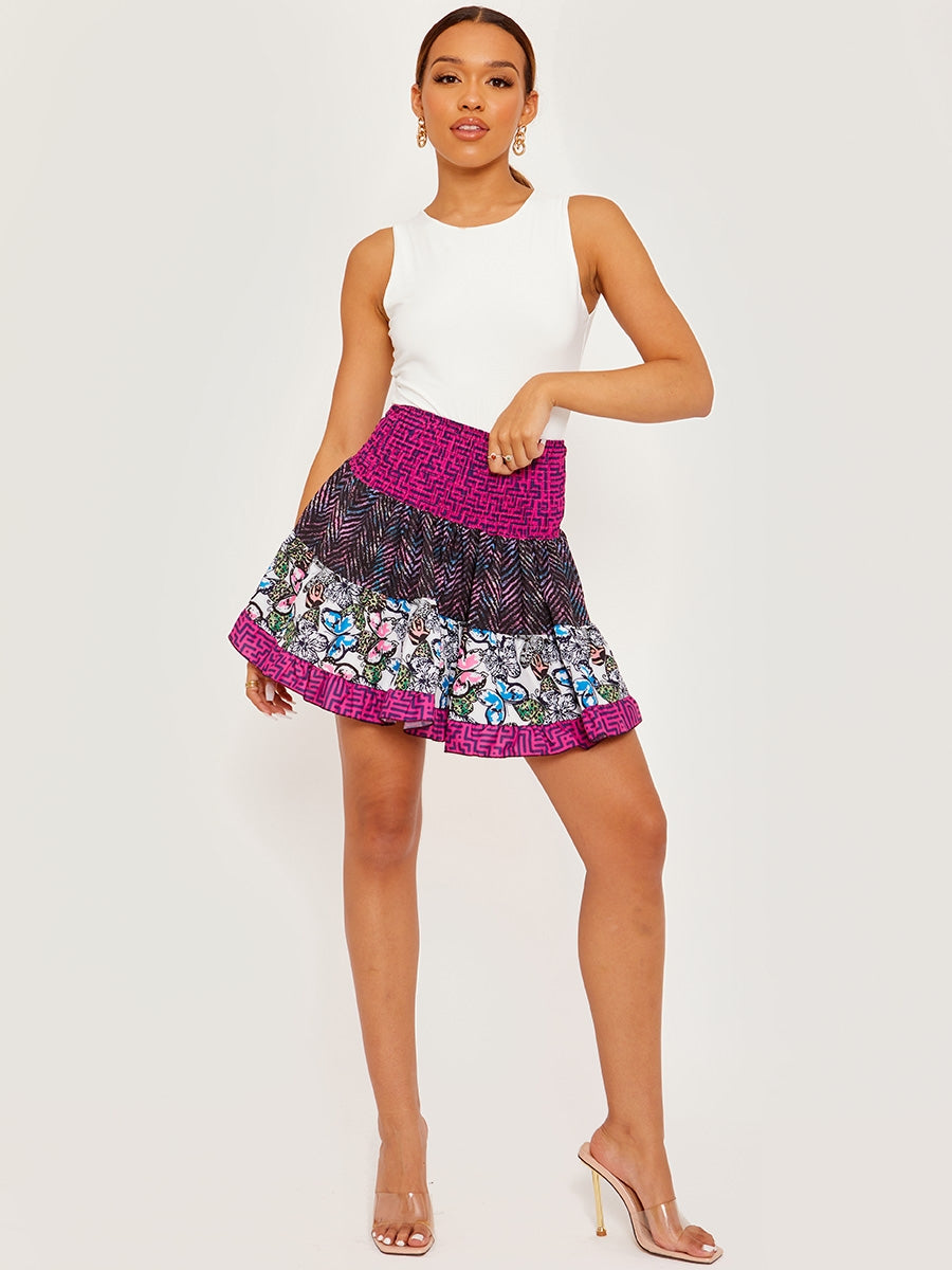 Multi Coloured Shirred Waist Boho Skirt